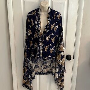 Sun N’ Sand Swim Wrap. Navy and Brown with dolphins throughout. OSFM